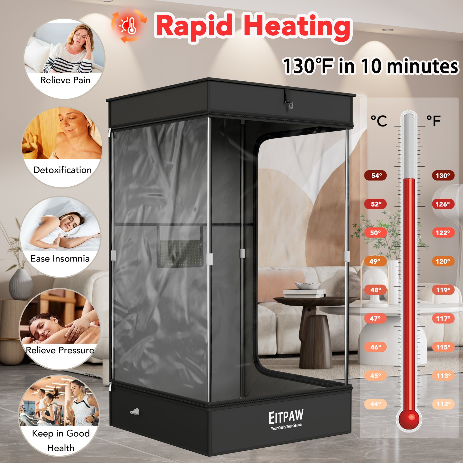 Eitpaw Sauna Box, Transparent Steam Sauna for Home Personal Use, RGB LED Light, 2.6L & 1000W Steamer, Widen Foldable Chair, 2.95’ x 2.95’ x 5.25’, Transparent Black