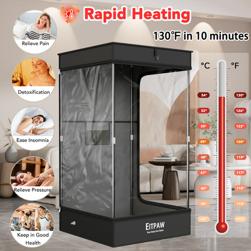 Eitpaw Sauna Box, Transparent Steam Sauna for Home Personal Use, RGB LED Light, 2.6L & 1000W Steamer, Widen Foldable Chair, 2.95’ x 2.95’ x 5.25’, Transparent Black