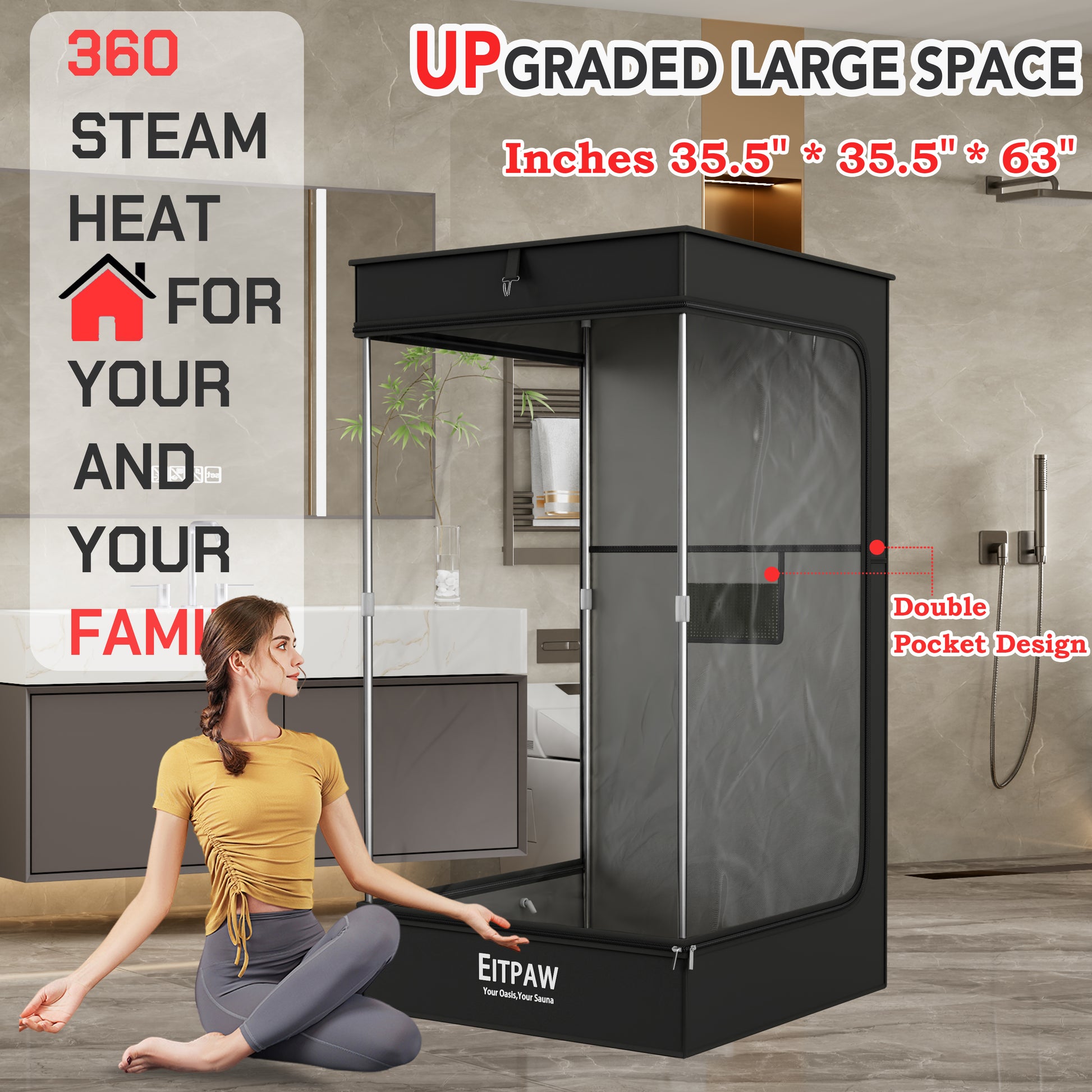 Eitpaw Sauna Box, Transparent Steam Sauna for Home Personal Use, RGB LED Light, 2.6L & 1000W Steamer, Widen Foldable Chair, 2.95’ x 2.95’ x 5.25’, Transparent Black