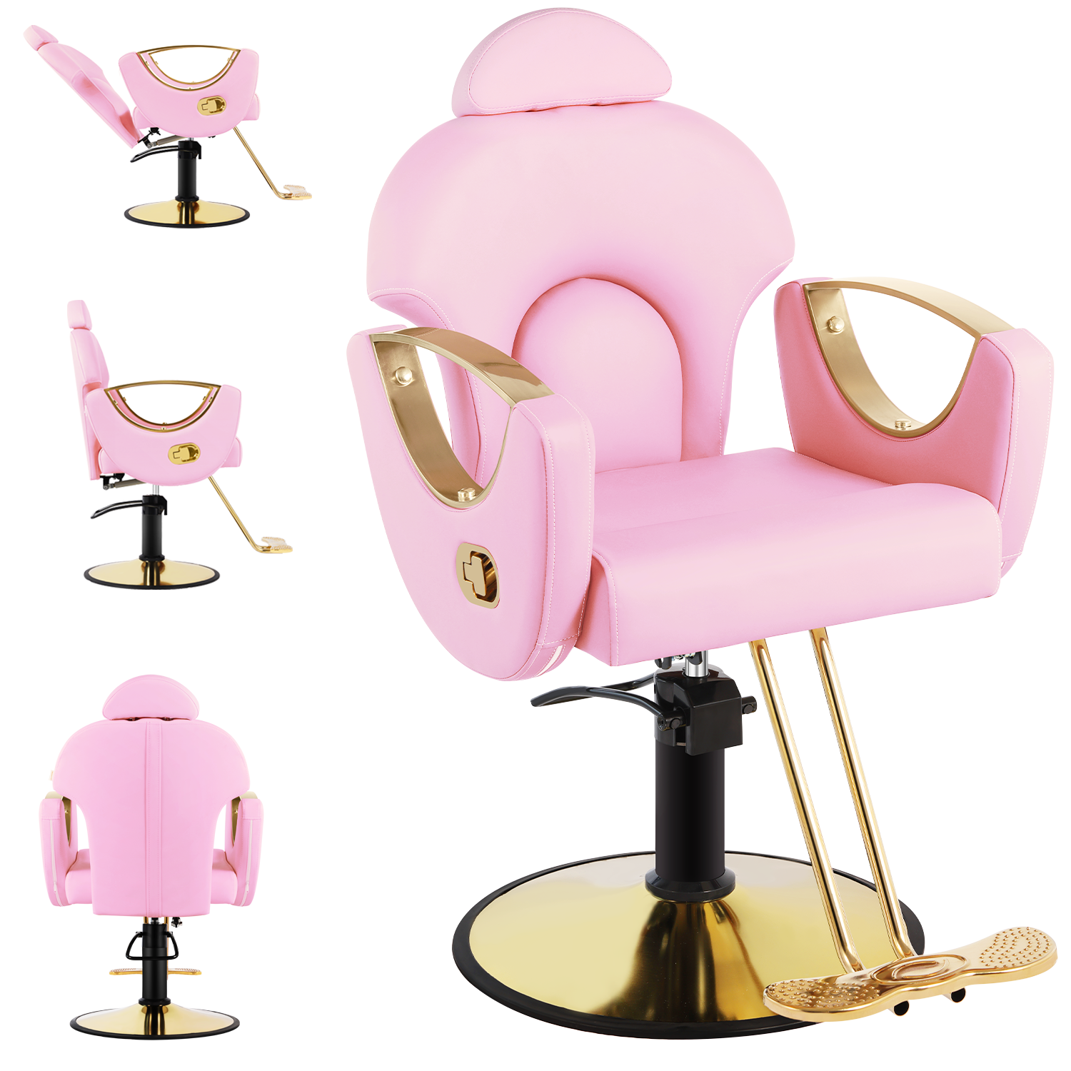 Salon Chair for Hair Stylist, Reclining Barber Chair for Barbershop 360 Swivel, Professional Height Adjustable Hair Salon Styling Chairs Multi-Function Shampoo Spa Beauty Equipment, Pastel Pink