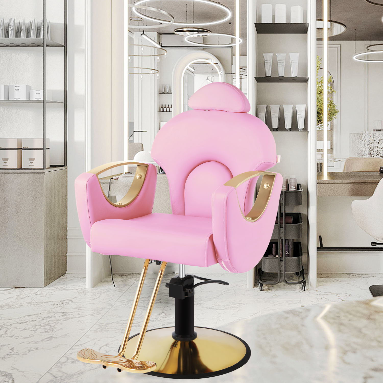 Salon Chair for Hair Stylist, Reclining Barber Chair for Barbershop 360 Swivel, Professional Height Adjustable Hair Salon Styling Chairs Multi-Function Shampoo Spa Beauty Equipment, Pastel Pink