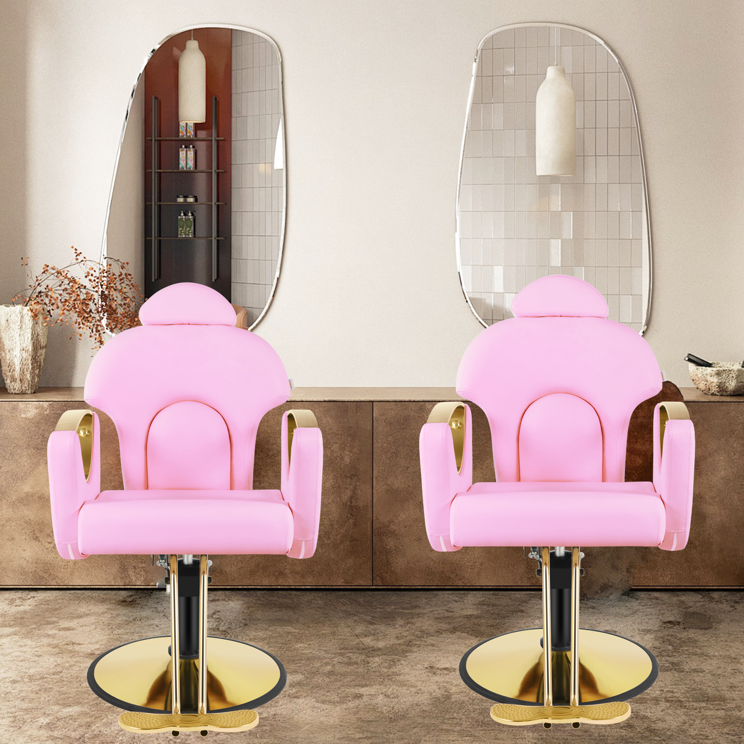 Salon Chair for Hair Stylist, Reclining Barber Chair for Barbershop 360 Swivel, Professional Height Adjustable Hair Salon Styling Chairs Multi-Function Shampoo Spa Beauty Equipment, Pastel Pink