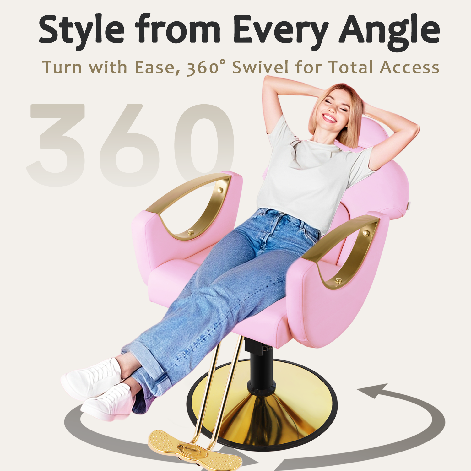 Salon Chair for Hair Stylist, Reclining Barber Chair for Barbershop 360 Swivel, Professional Height Adjustable Hair Salon Styling Chairs Multi-Function Shampoo Spa Beauty Equipment, Pastel Pink