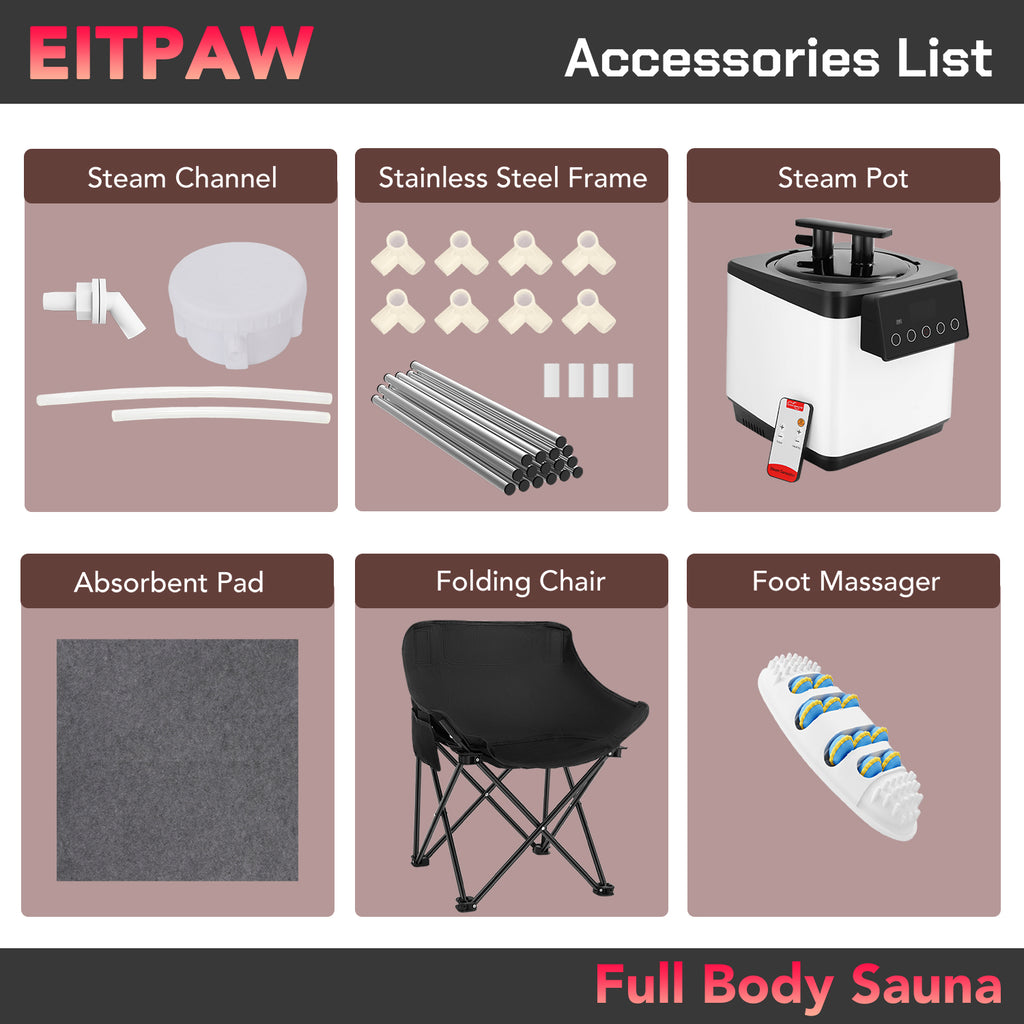 Eitpaw Sauna Box, Transparent Steam Sauna for Home Personal Use, RGB LED Light, 2.6L & 1000W Steamer, Widen Foldable Chair, 2.95’ x 2.95’ x 5.25’, Transparent Black