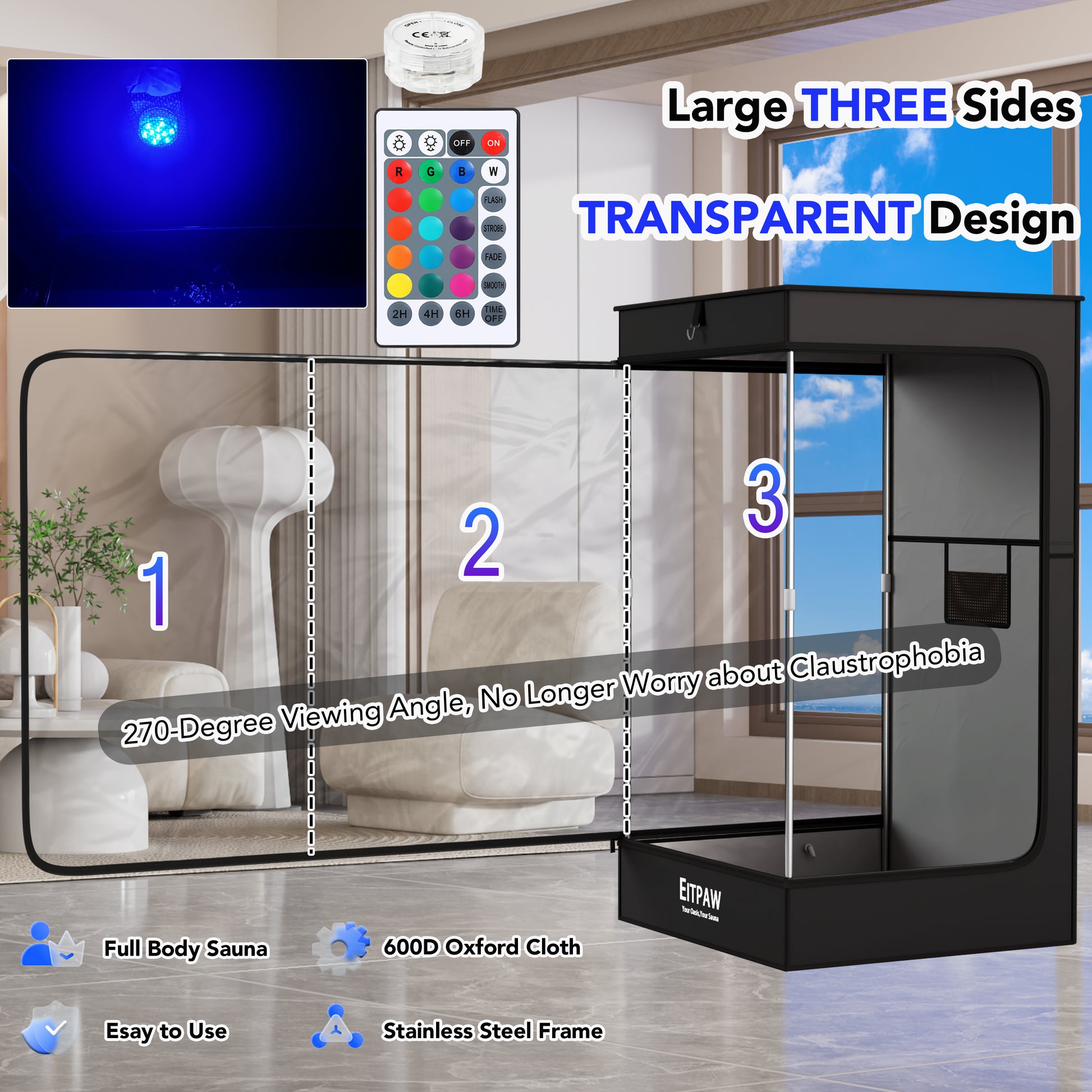 Eitpaw Sauna Box, Transparent Steam Sauna for Home Personal Use, RGB LED Light, 2.6L & 1000W Steamer, Widen Foldable Chair, 2.95’ x 2.95’ x 5.25’, Transparent Black