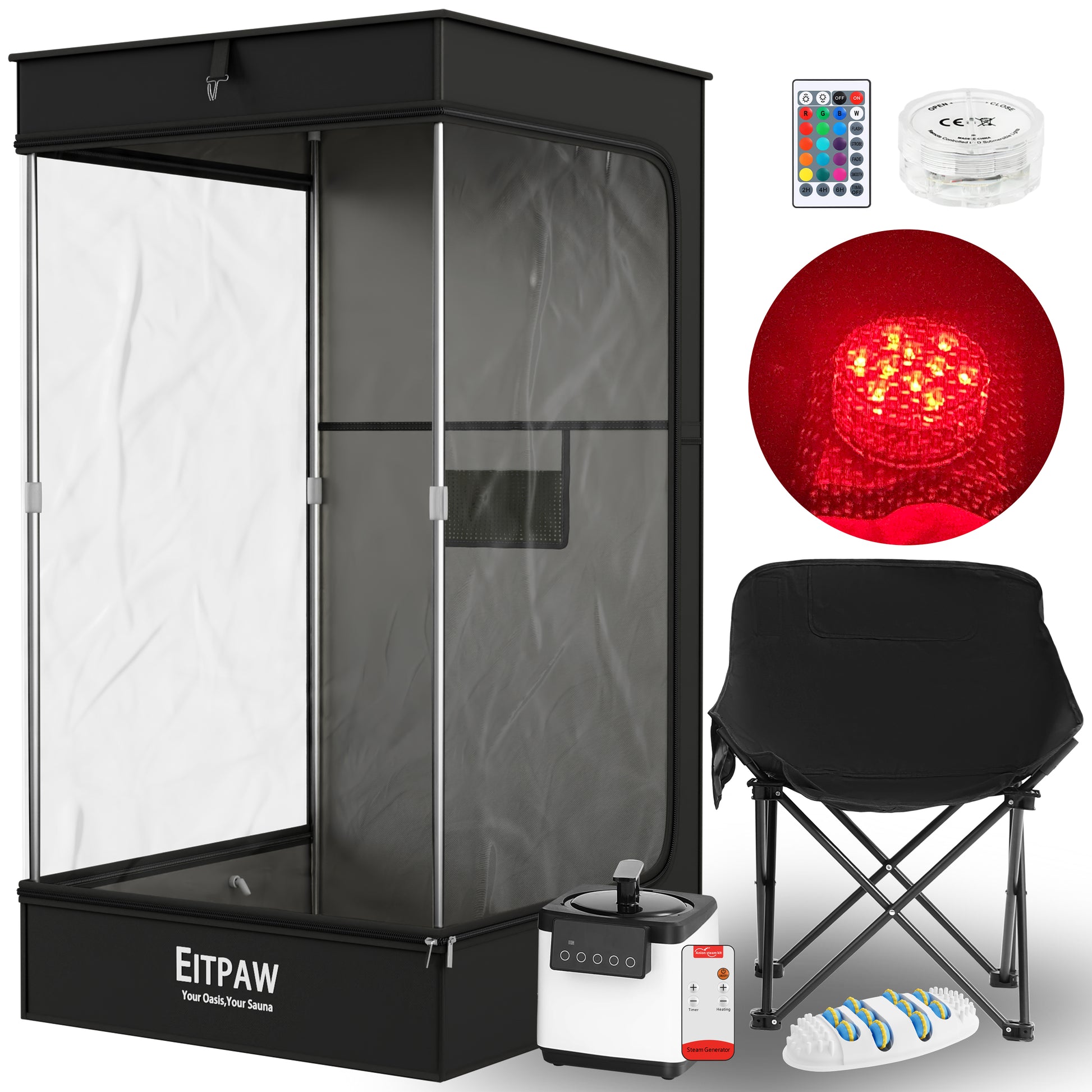 Eitpaw Sauna Box, Transparent Steam Sauna for Home Personal Use, RGB LED Light, 2.6L & 1000W Steamer, Widen Foldable Chair, 2.95’ x 2.95’ x 5.25’, Transparent Black